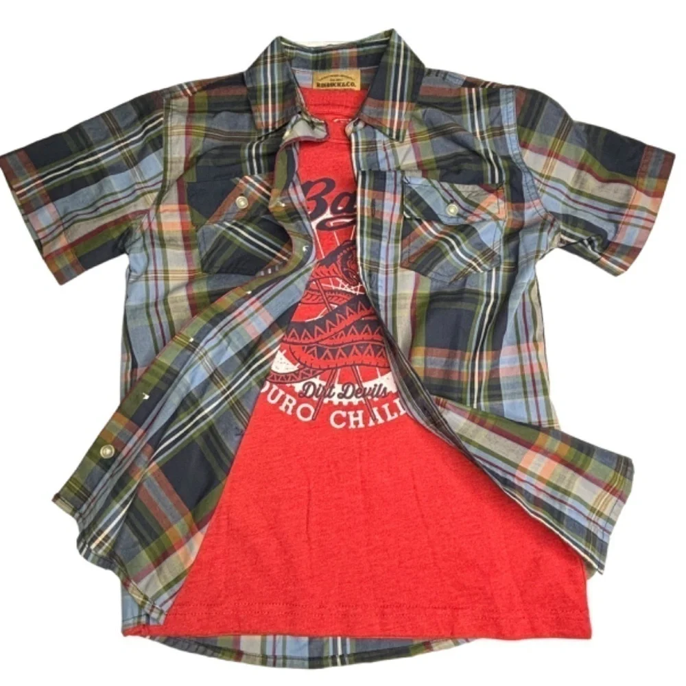Roebuck & Co‎ Boys Tops Sz Small Plaid Short Sleeve Button Down and T Shirt Set